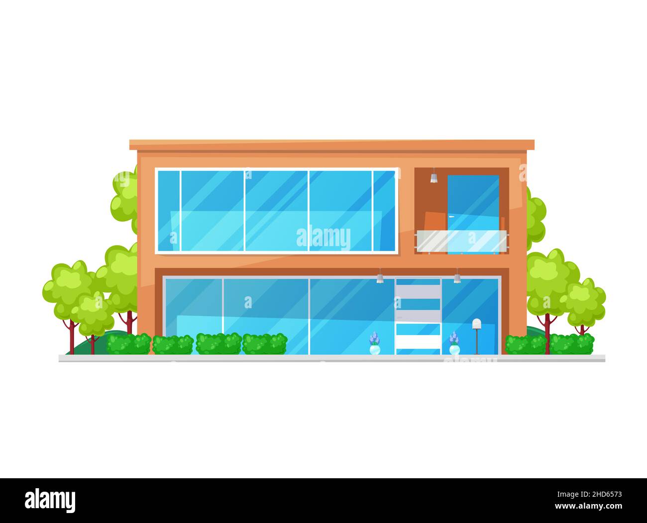 Luxuriöses Hausgebäude außen mit blauen Glastüren und Fenstern, Vektor-Architektur. Wohn-Vorstadthaus und Stadthaus, Bungalow-Wohnung f Stock Vektor