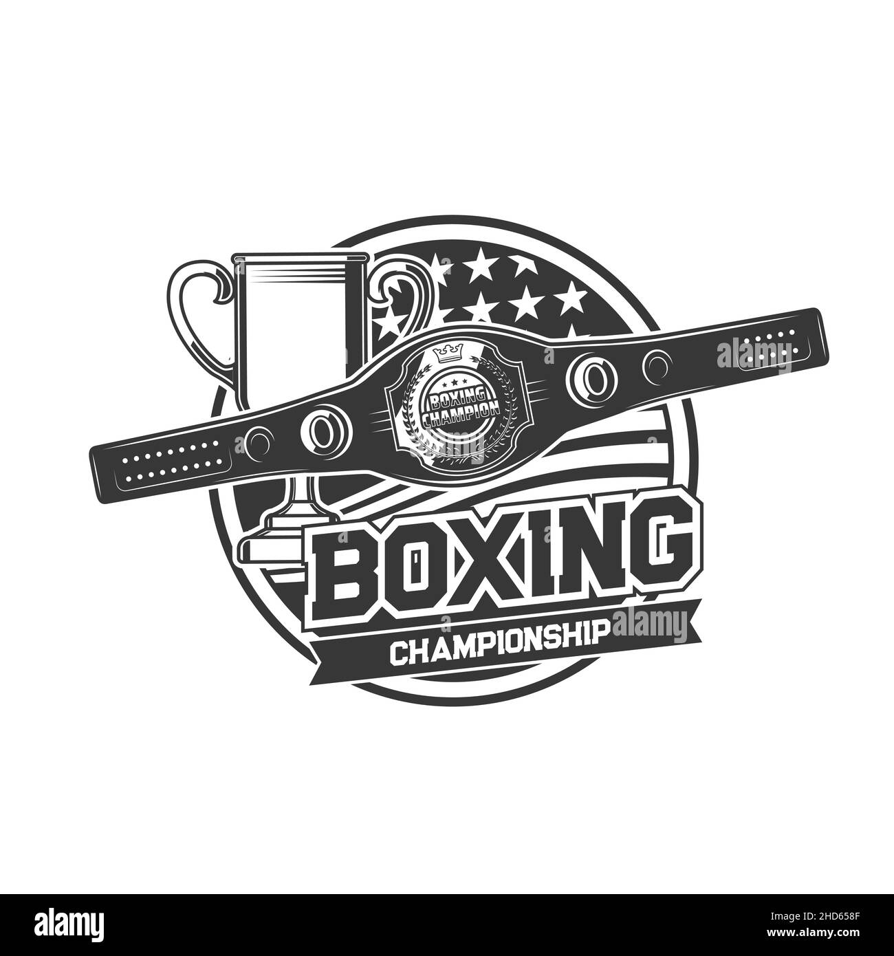 Boxsport-Ikone mit Champion-Gürtel. Boxmeisterschaft oder Turnier, Kampfsport Wettbewerb monochrome Vektor-Emblem, Label oder Symbol mit Amerika Stock Vektor