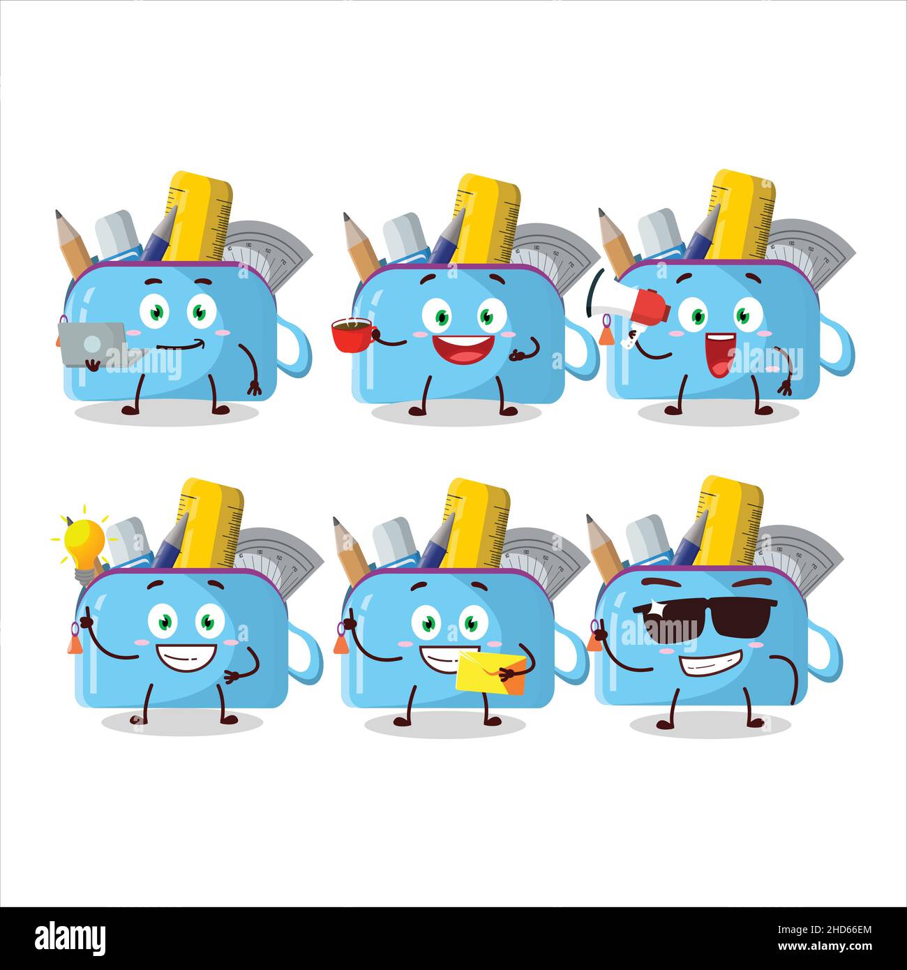 Blauer Bleistift Fall Cartoon-Figur mit verschiedenen Arten von Business-Emoticons. Vektorgrafik Stock Vektor