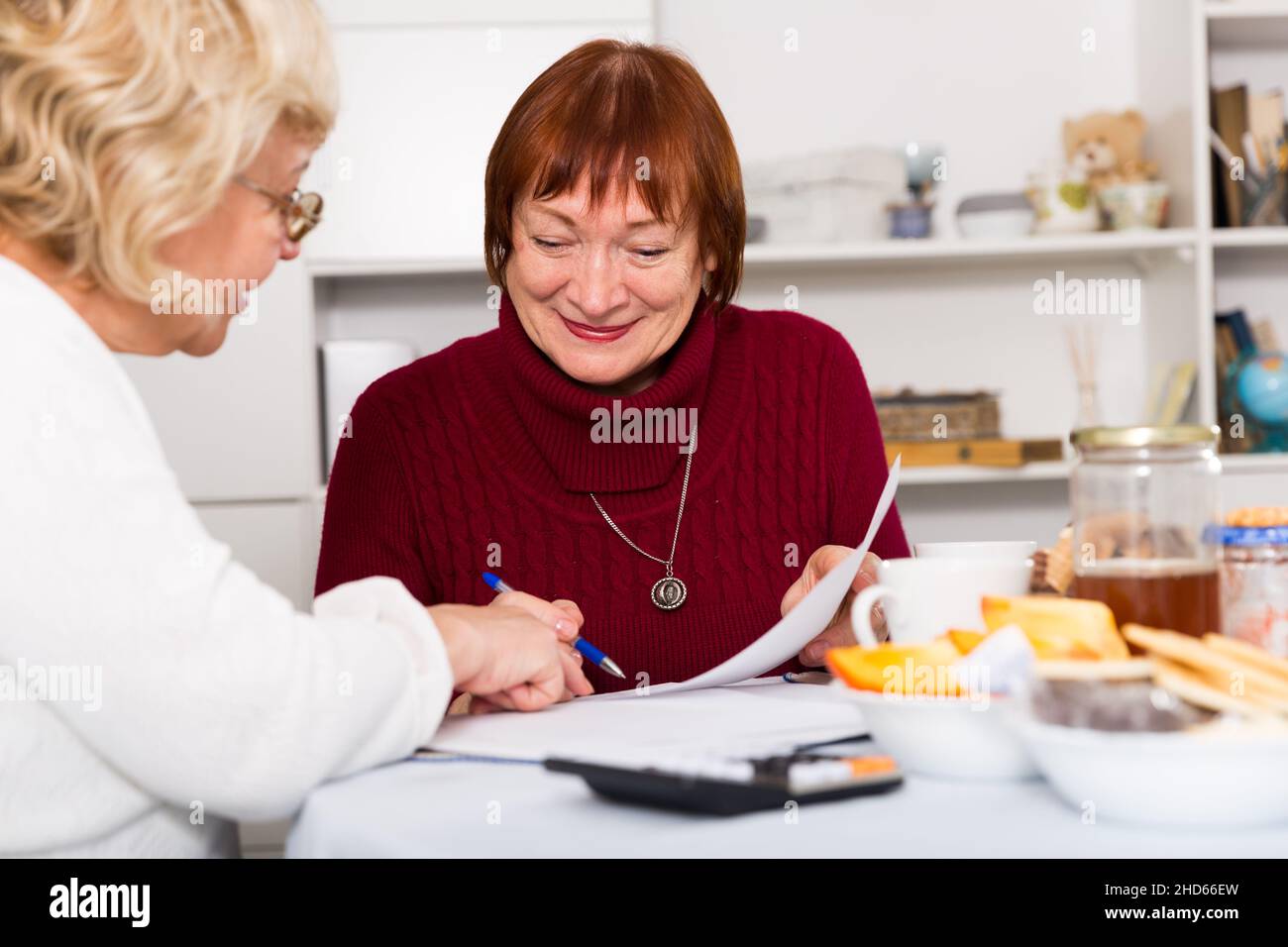 Lächelnde ältere Frauen mit Dokumentation Stockfoto