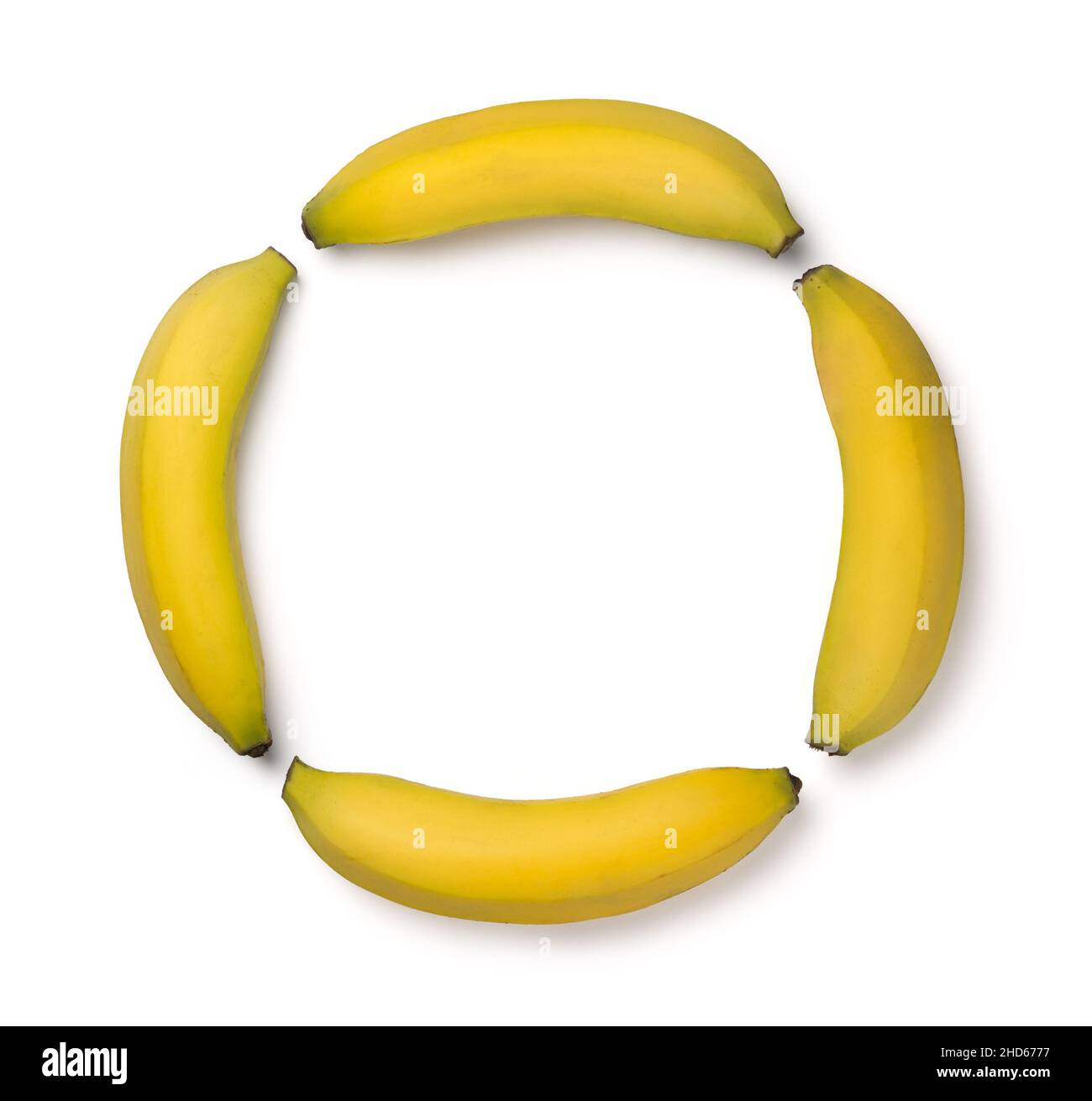 Frische reife Banane Hintergrund Muster, gelbe Frucht isoliert auf weißem Hintergrund, Rahmen aus Lebensmitteln für Design Stockfoto