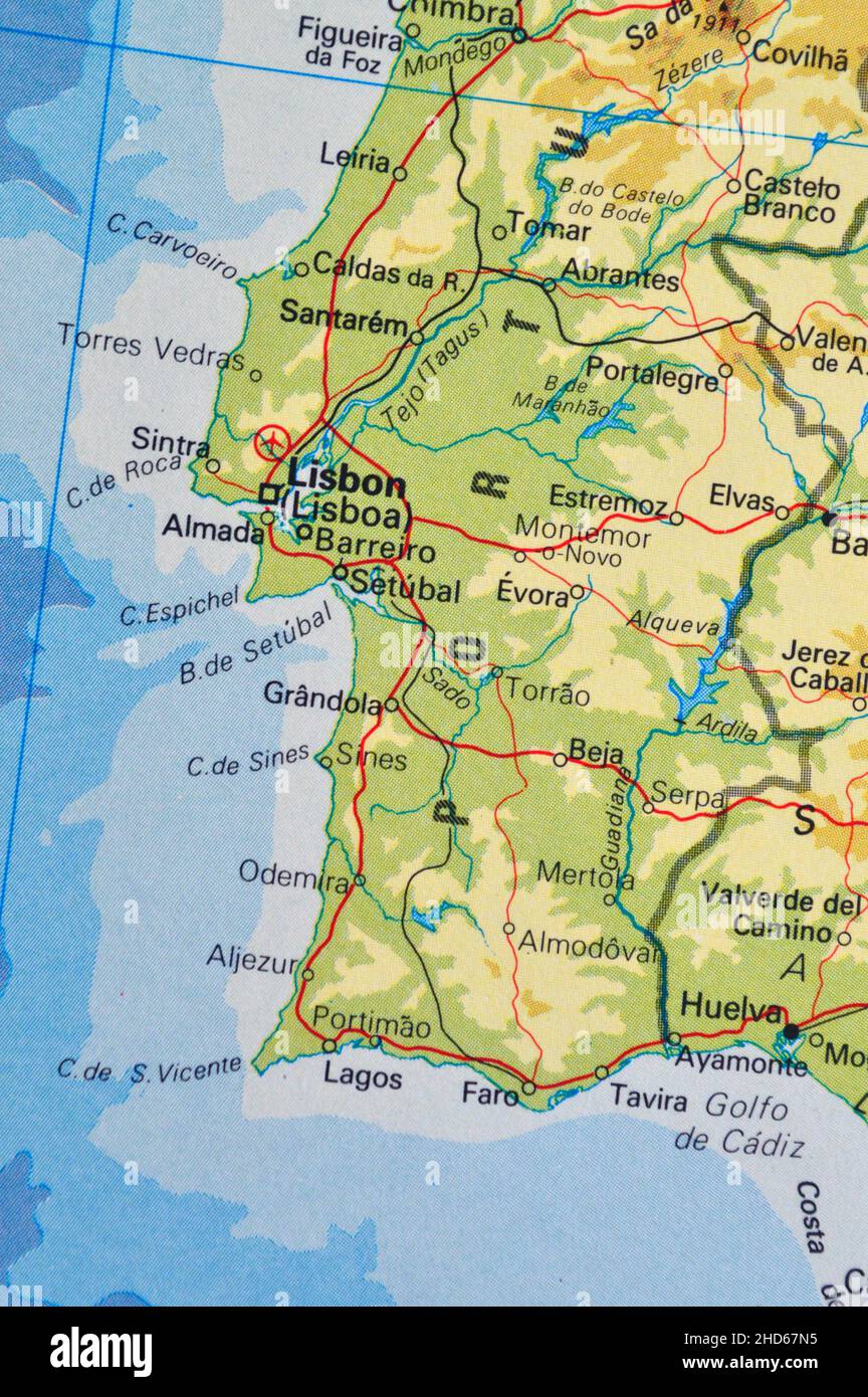 Eine Karte von Portugal mit großen Städten Stockfoto