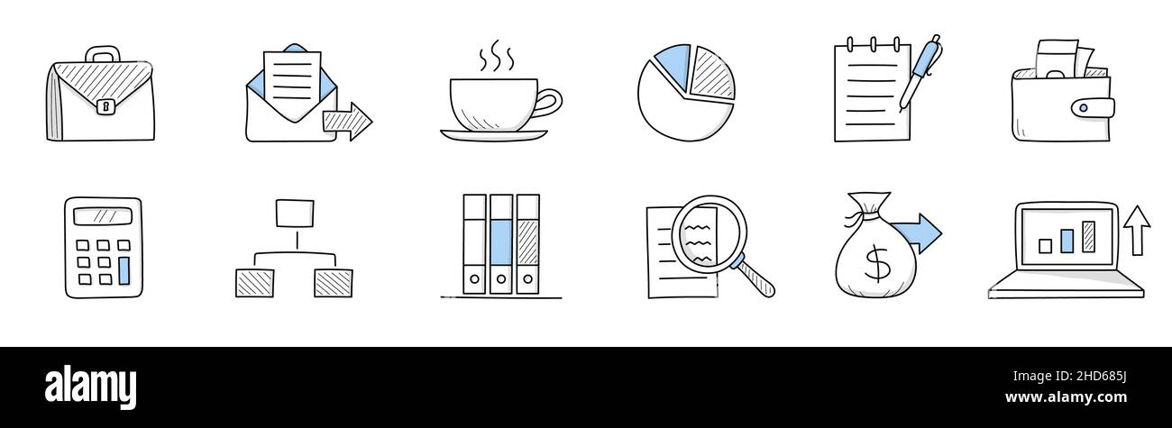 Set aus Doodle Icons Aktentasche, Umschlag mit Post, Dampfbecher, Tortenkarte, Notizblock mit Stift, Geldbörse mit Geld, Rechner, Schema, Ordner, Lupe Business-Zeichen, Lineare Vektordarstellung Stock Vektor