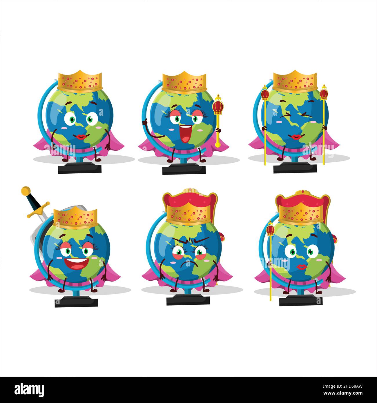 Queen und ihre magische Kleidung Cartoon von Globe Ball trägt Tiara. Vektorgrafik Stock Vektor