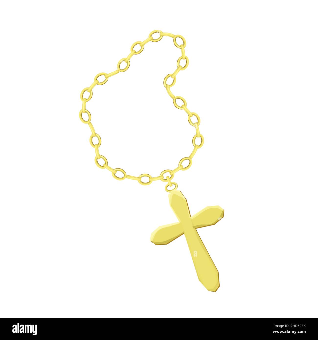 Goldenes Kreuz mit Kette im Cartoon-Stil isoliert auf weißem Hintergrund. Halskette religiösen Schmuck, hängende Accessoires. Vektorgrafik Stock Vektor