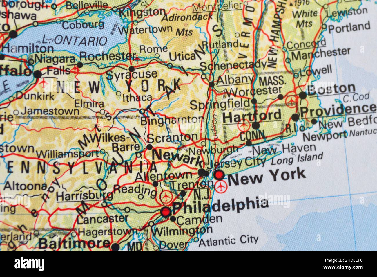 Eine Karte der östlichen Vereinigten Staaten mit New York, Boston und Philadelphia Stockfoto