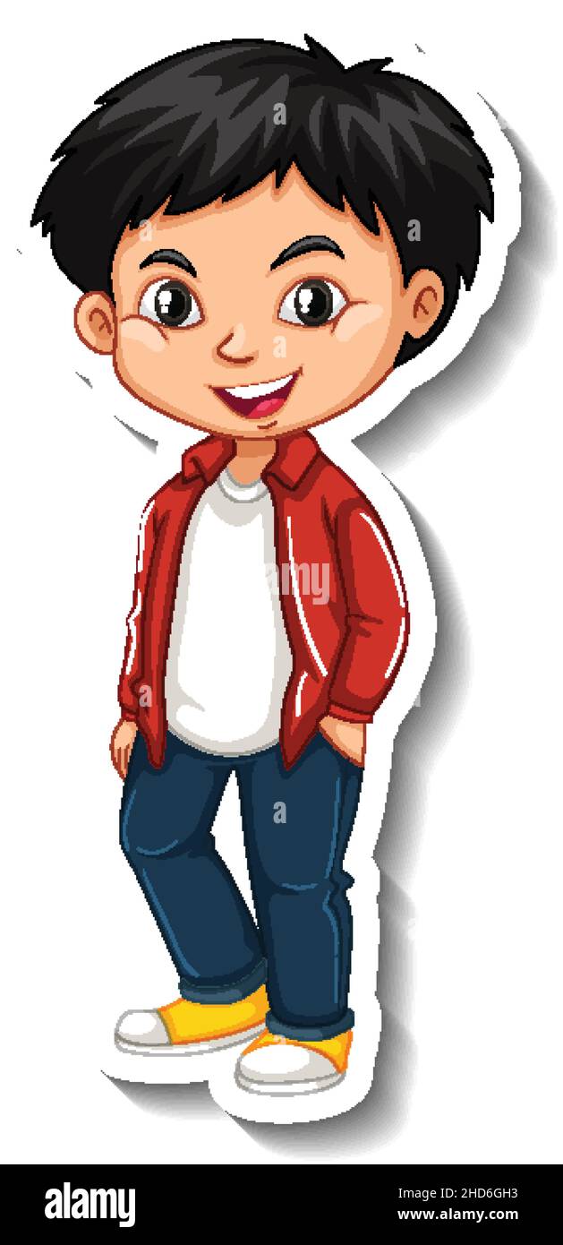 Ein asiatischer Junge trägt rote Jacke Cartoon Charakter Aufkleber Illustration Stock Vektor