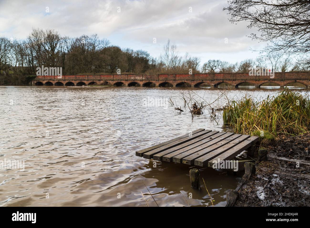 Eine Angelplattform am Seeufer des Carr Mill Dam in der Nähe von St Helens in Merseyside, die vor der langen Nineteen Arch-Brücke aus vibrierenden Quellen gesehen wird Stockfoto