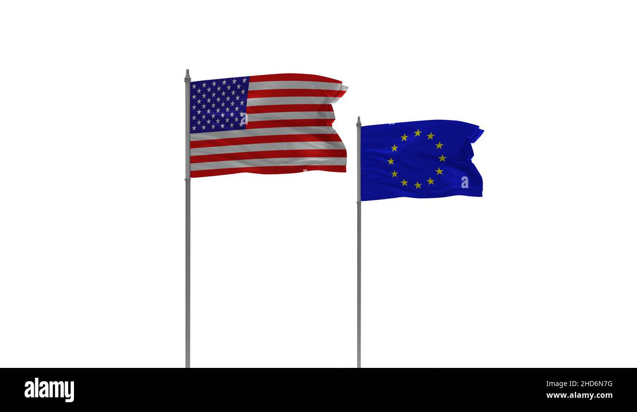 Flaggen der USA und der Europäischen Union, Allianz. Himmel Hintergrund. Stockfoto