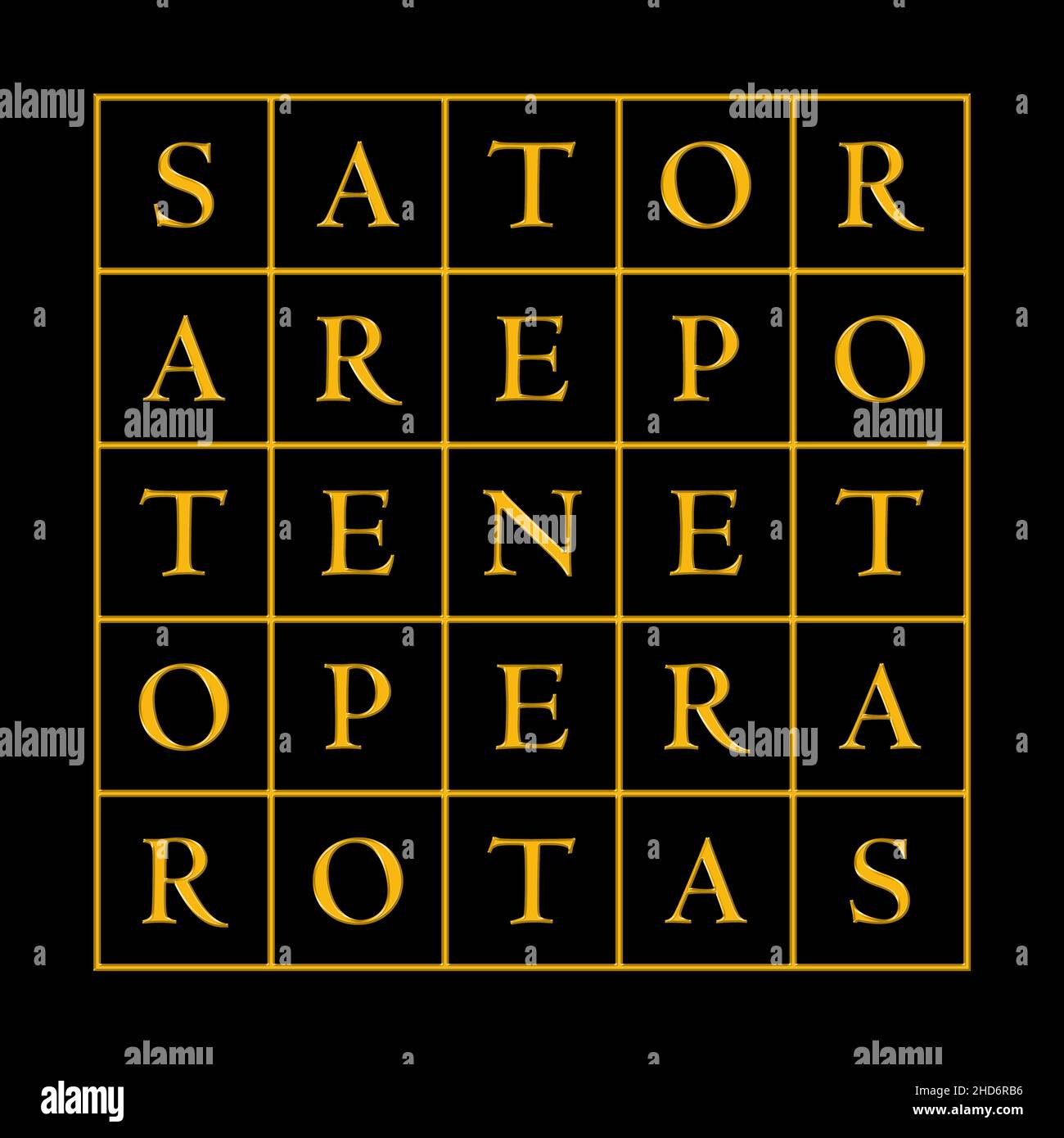 Golden Sator Square oder auch Rotas Square auf schwarzem Hintergrund. Wortquadrat, der das lateinische Palindrome Sator, Arepo, Tenet, Opera und Rotas enthält. Stockfoto