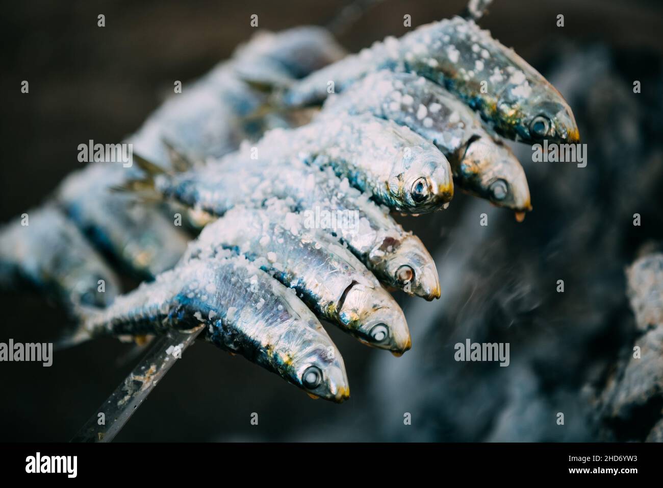 Espetos - Spieß mit Sardinen Fisch in Brand. Spanische Küche. Stockfoto