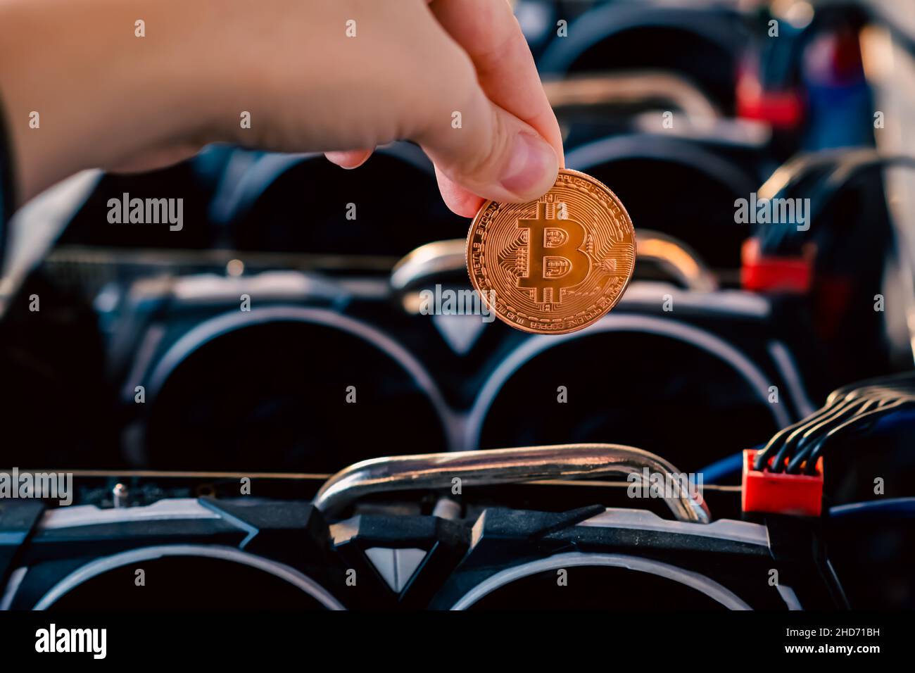 Bitcoin Bergbaufarm und Pandemie. Unser neues Leben. Hochwertige Fotos Stockfoto