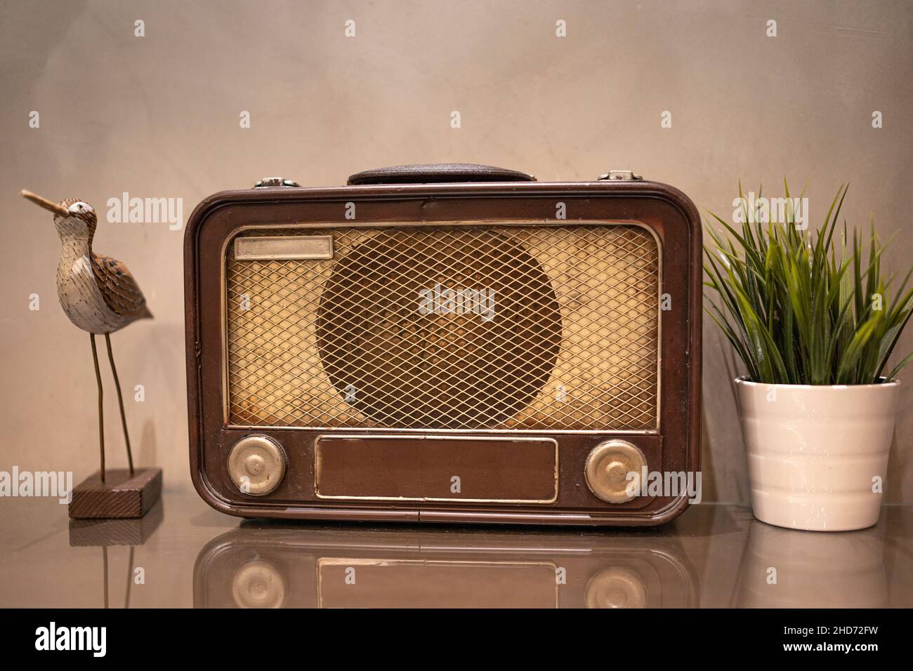 Ein antikes Radio mit einem Topf mit künstlicher Pflanze und hölzerner Vogelskulptur. Selektive Fokuspunkte Stockfoto
