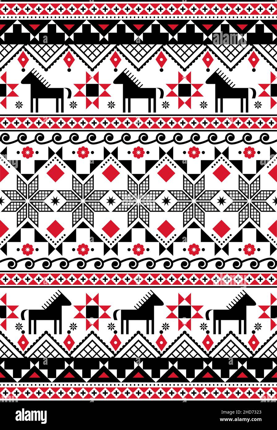 Ukrainische Hutsul Pysanky Vektor nahtlose Muster mit Pferden und geometrischen Formen, Volkskunst Ostereier repetitive Design Stock Vektor