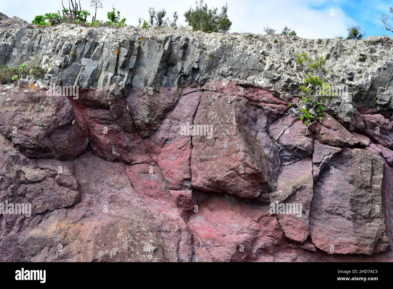 Überlappung verschiedener Lavaströme. Anaga Peninsula, Teneriffa, Kanarische Inseln, Spanien. Stockfoto