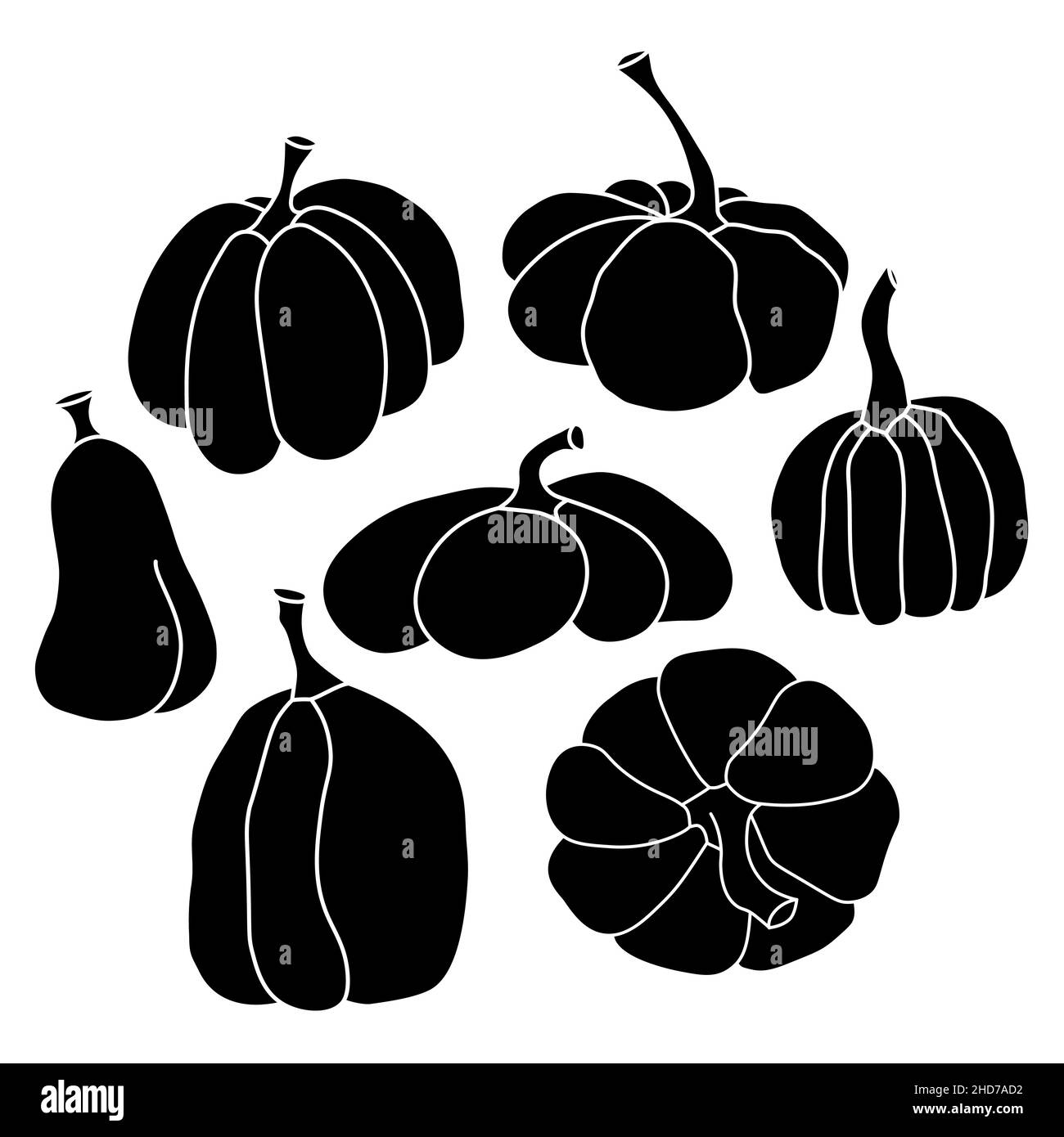 Kürbis Symbol Vektor Illustration Set schwarze Silhouette. Herbst Halloween oder Thanksgiving Kürbis Symbol in flachem Design, Umriss Silhouette isoliert auf Stock Vektor