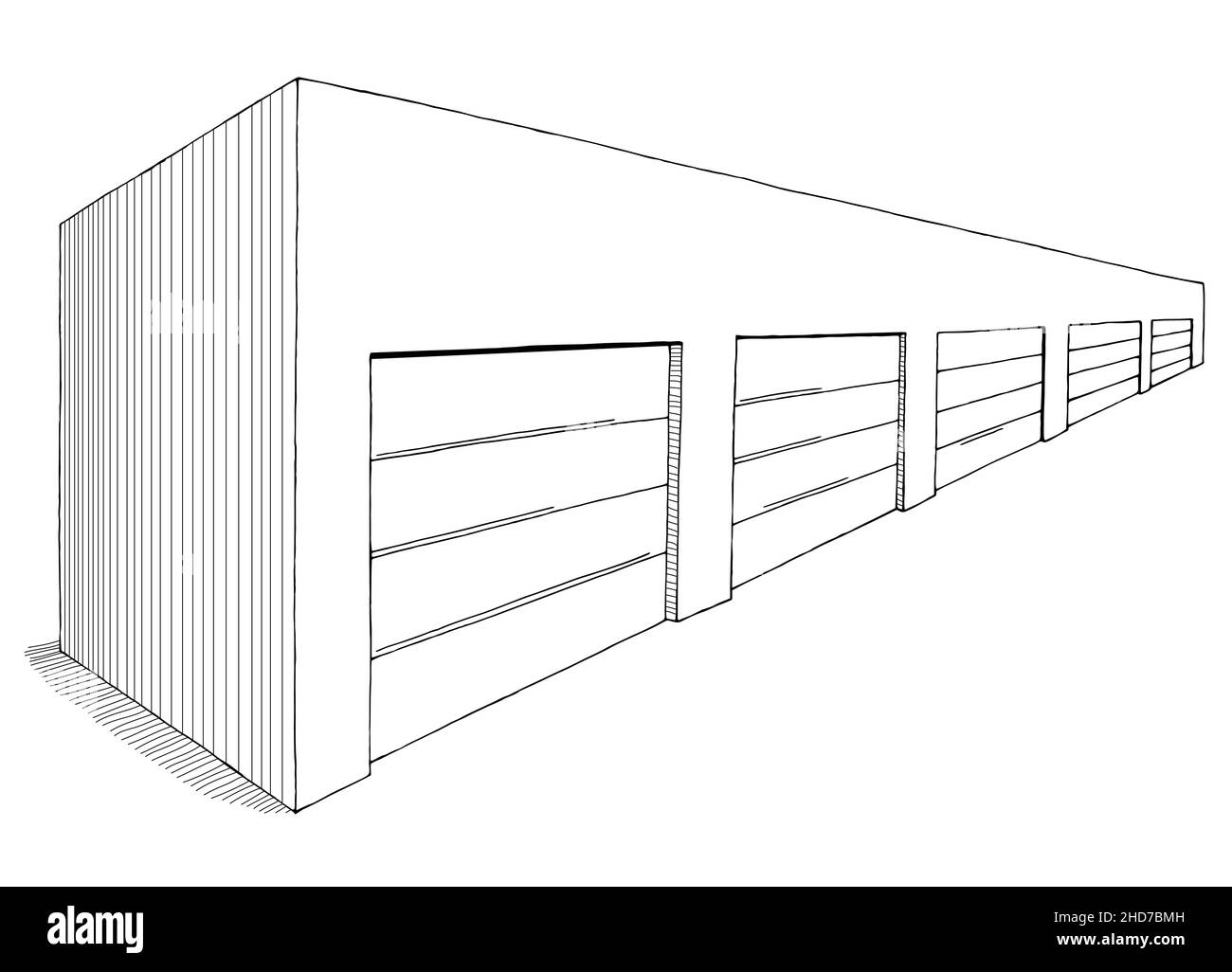 Außenlagergebäude des Lagerhauses, Vorderansicht, schwarz weiß isoliert Vektor der Skizzendarstellung Stock Vektor