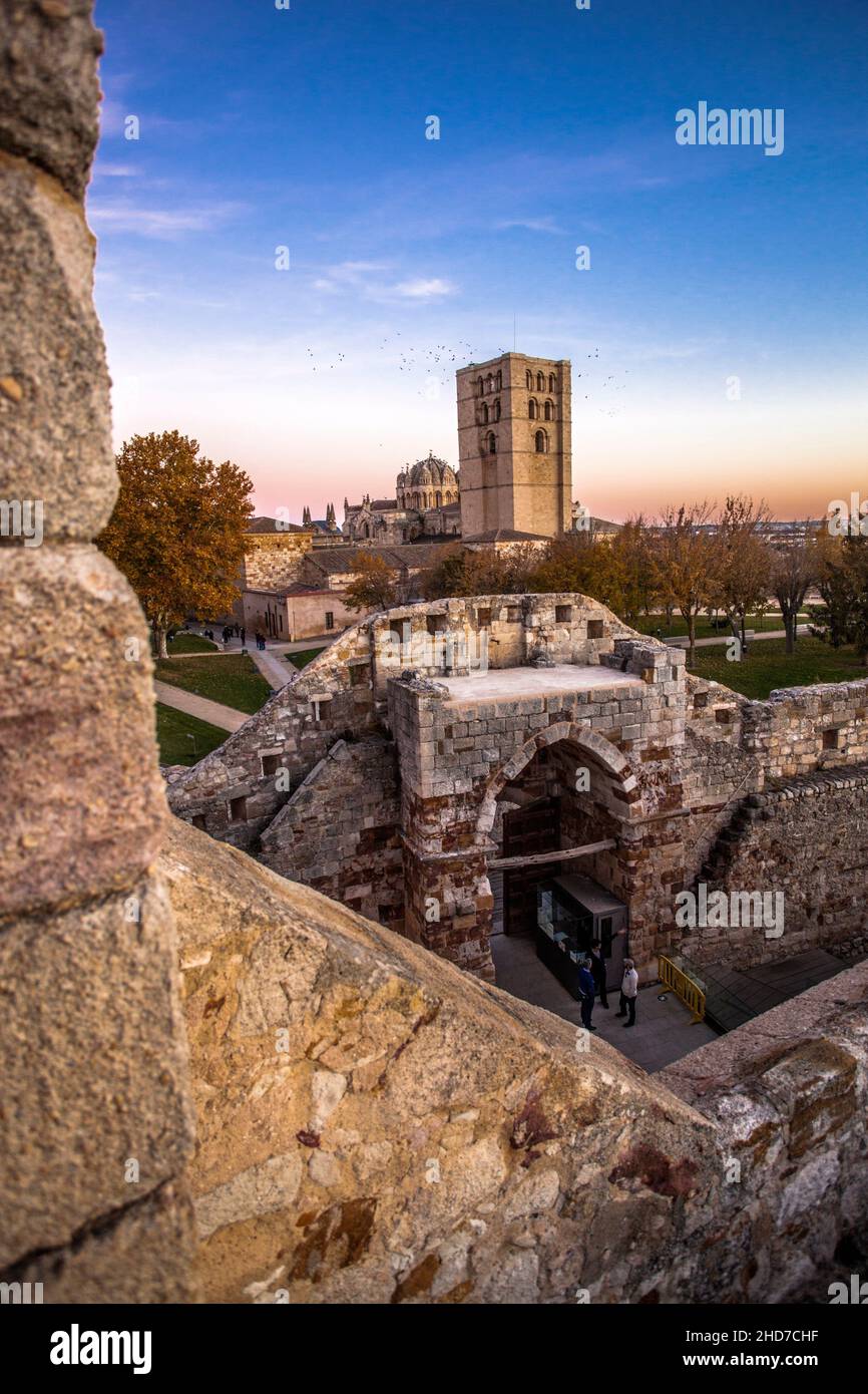 Kathedrale von der Burg aus gesehen, Zamora Stadt, Zamora Provience, Kastilien und Leon, Spanien, Europa. Stockfoto