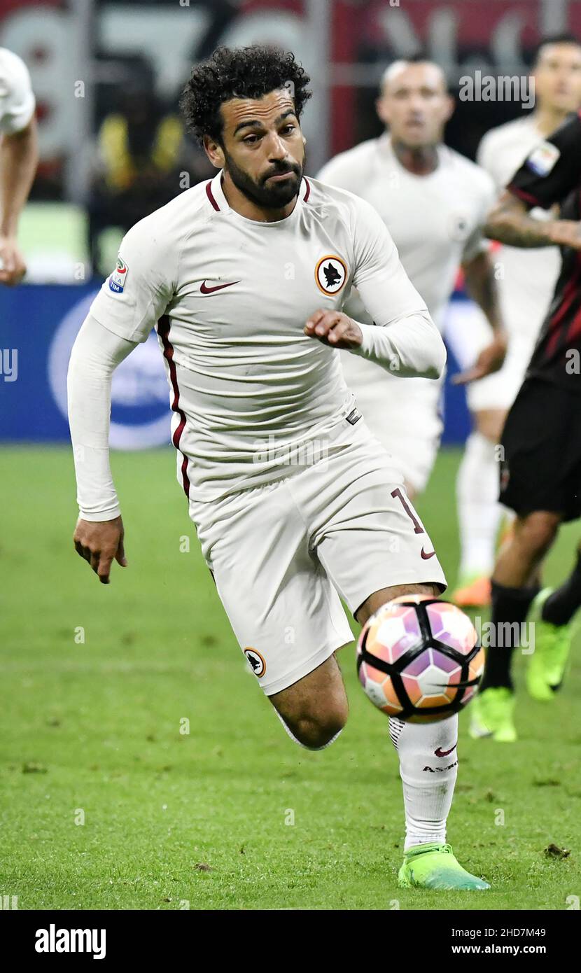 MOHAMED Salah, DER ÄGYPTISCHE Fußballspieler von Roma, war während des italienischen Spiels AC Milan gegen AS Roma im stadion san siro in Mailand in Aktion. Stockfoto