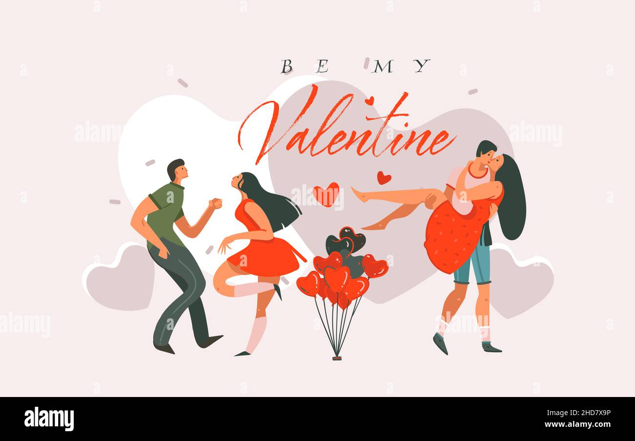 Hand gezeichnet Vektor abstrakt Cartoon moderne Grafik Happy Valentines Tag Konzept Illustrationen Kunstkarte mit tanzenden Paaren Menschen zusammen isoliert auf Stock Vektor