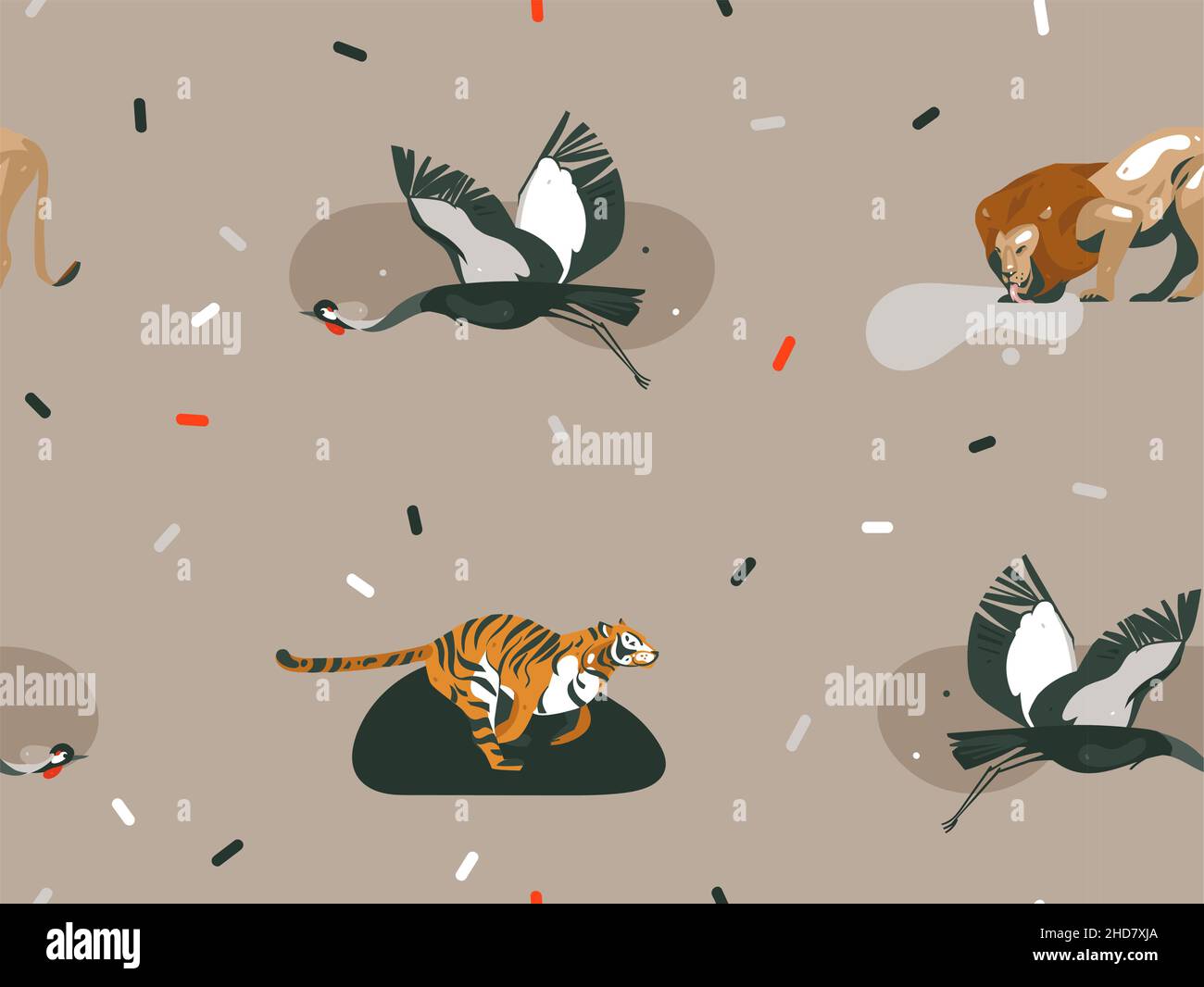 Hand gezeichnet Vektor abstrakt Cartoon moderne Grafik African Safari Natur Illustrationen Kunst Collage nahtlose Muster mit Tigern, Löwe, Kranich Vogel Stock Vektor
