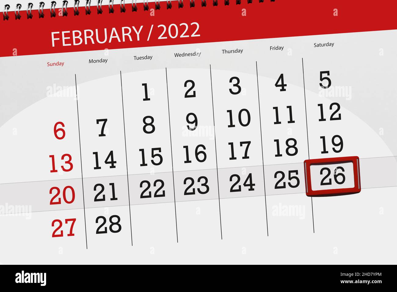 Kalenderplaner für den Monat februar 2022, Stichtag, 26, samstag. Stockfoto