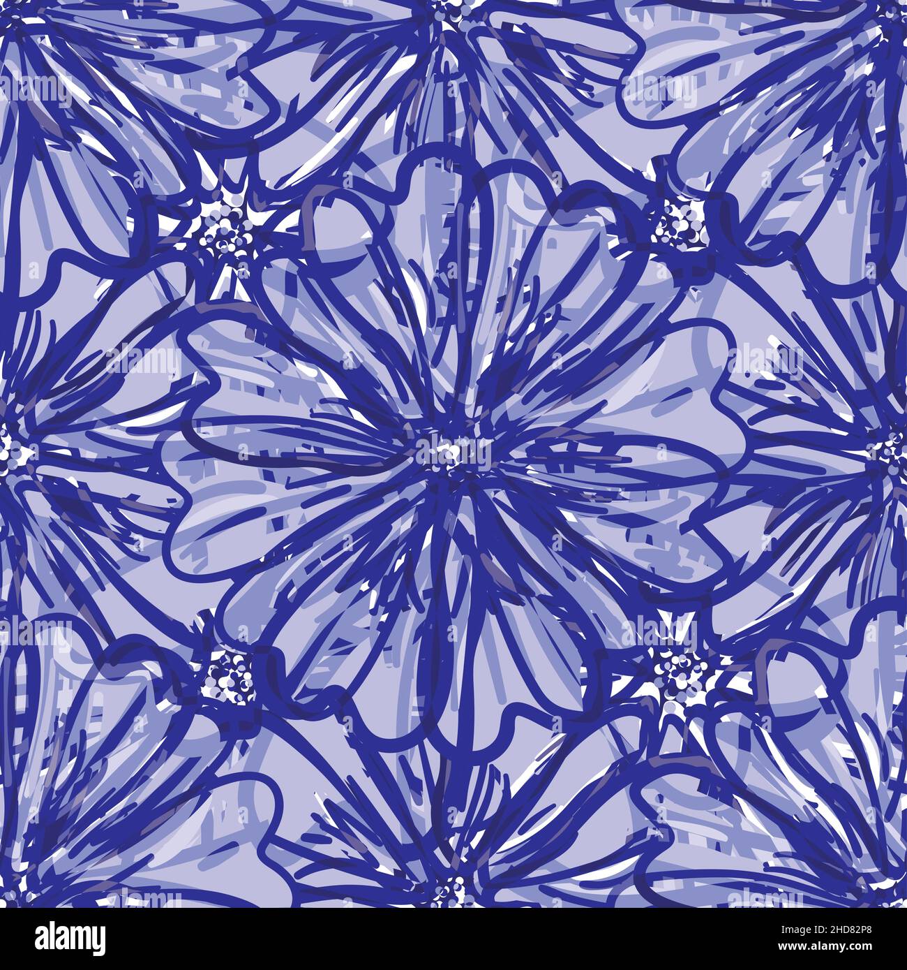 Moderne abstrakte Gerbera Gänseblümchen Blume nahtlose Muster Hintergrund. Malerisch wiederholen, monochromer periwinkle lila Hintergrund. Lino-Kunstdruck im botanischen Design Stock Vektor