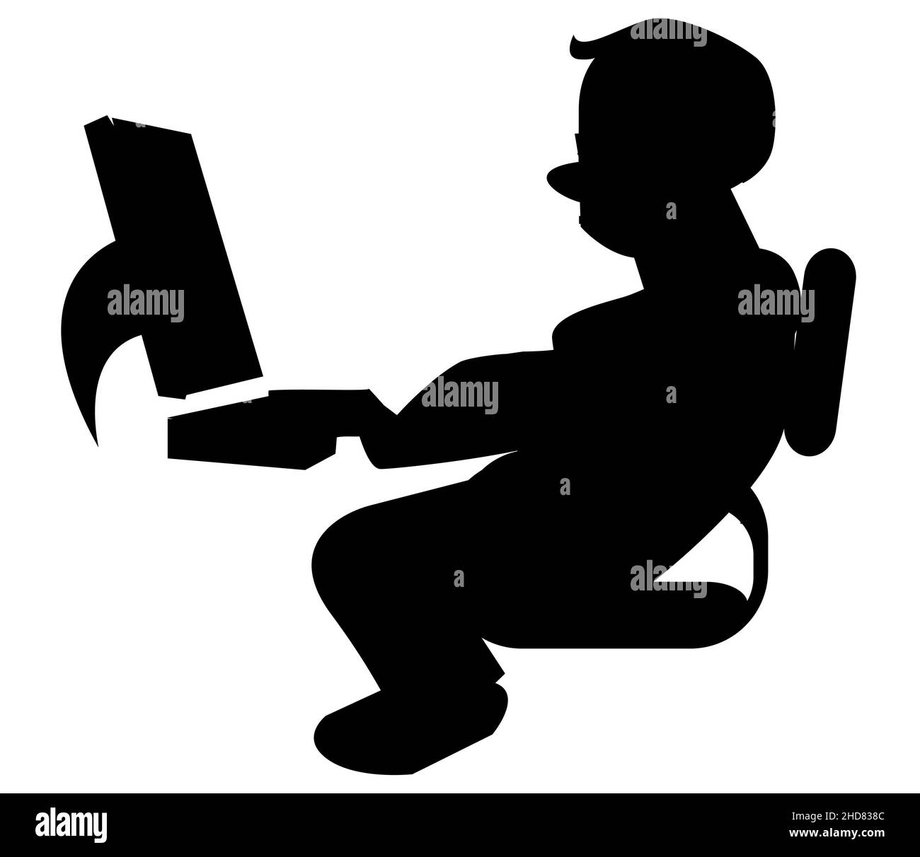 Eine Silhouette eines Mannes, der auf einem Bürostuhl sitzt und am Laptop arbeitet, im Büro arbeitet, von zu Hause aus arbeitet, codiert Stock Vektor