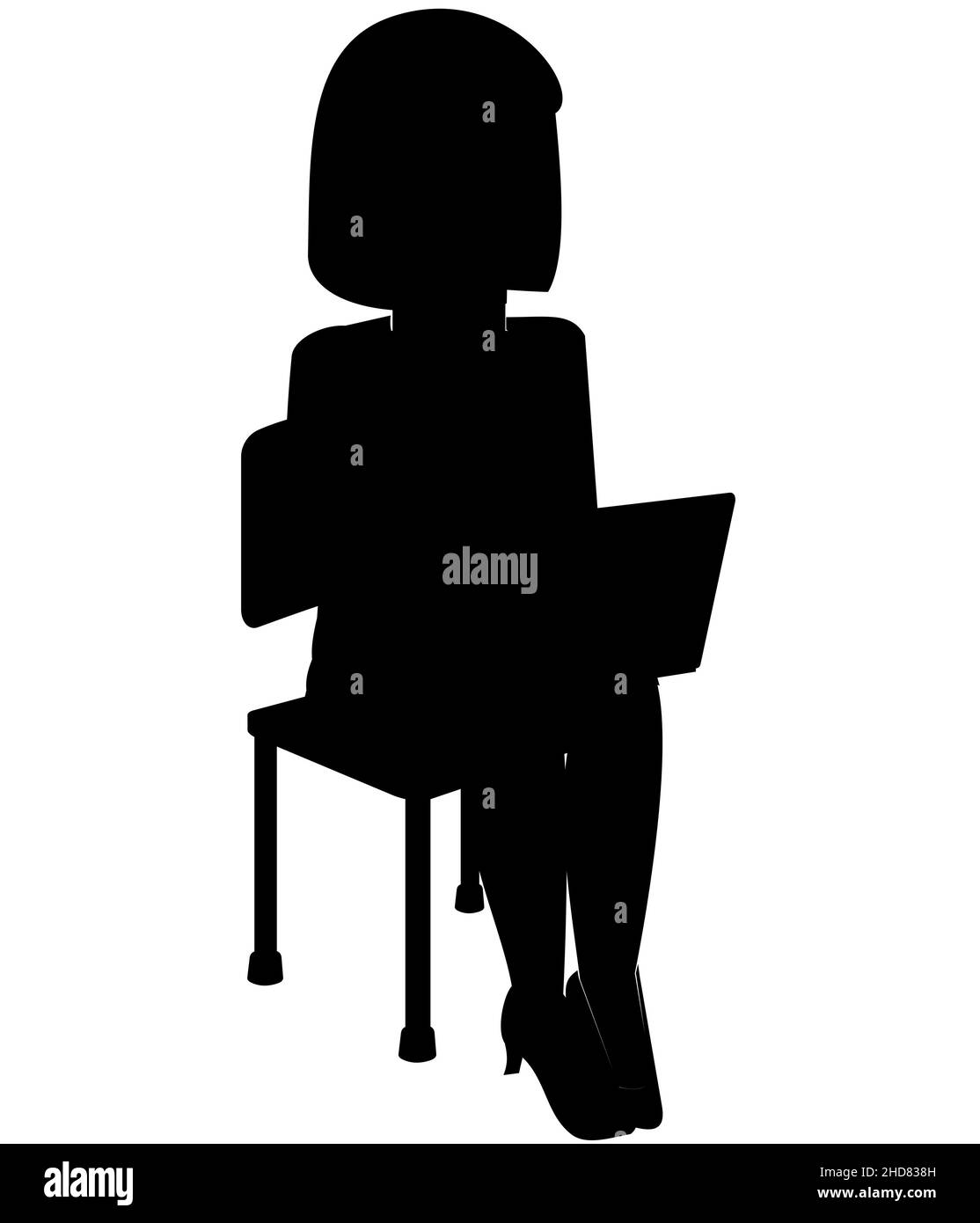 Schwarze Silhouette von Frauen oder Frauen auf einem Laptop, Geschäftsfrau auf einem Stuhl sitzend Stock Vektor