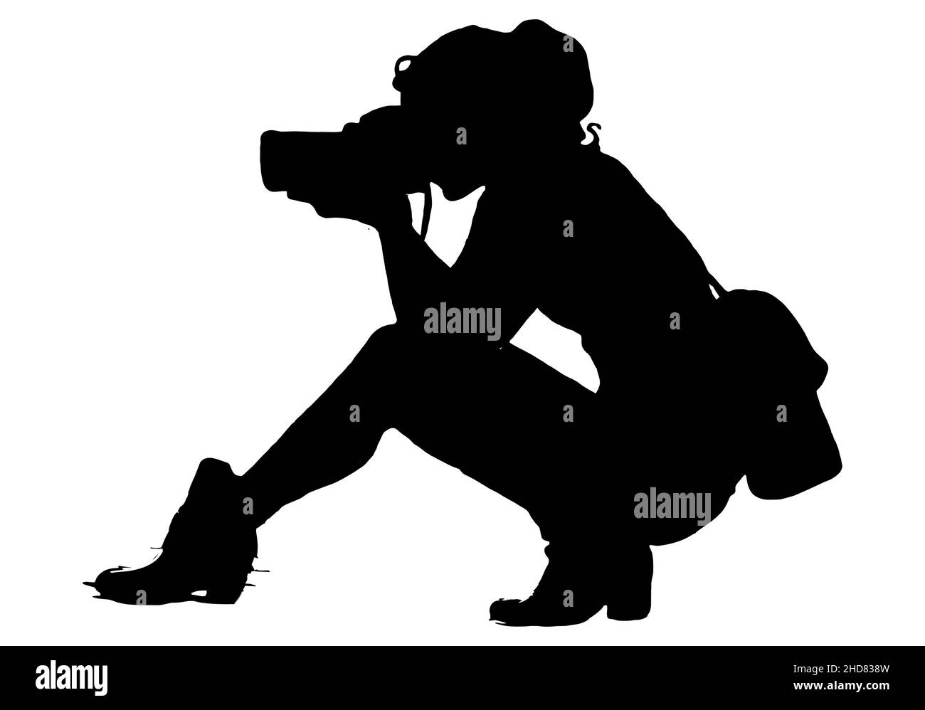Schwarze Silhouetten einer Dame oder Fotografin, Mädchen, das Fotos macht, während sie sich hinsetzt, professionell Stock Vektor