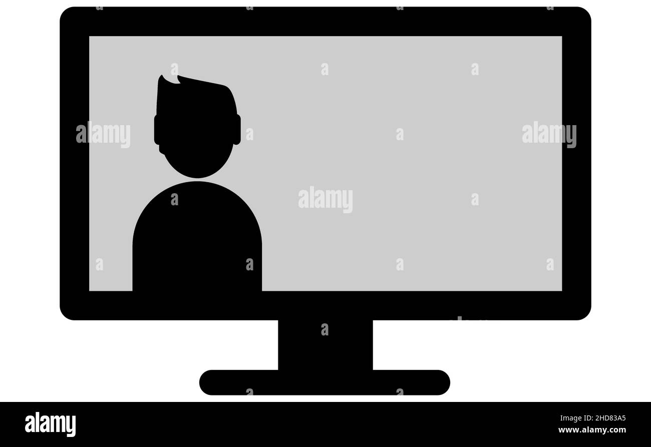 Schwarze Silhouette eines Mannes am Computer, Videoanruf, Meeting, Vektordarstellung, Monitor, Webinar Stock Vektor