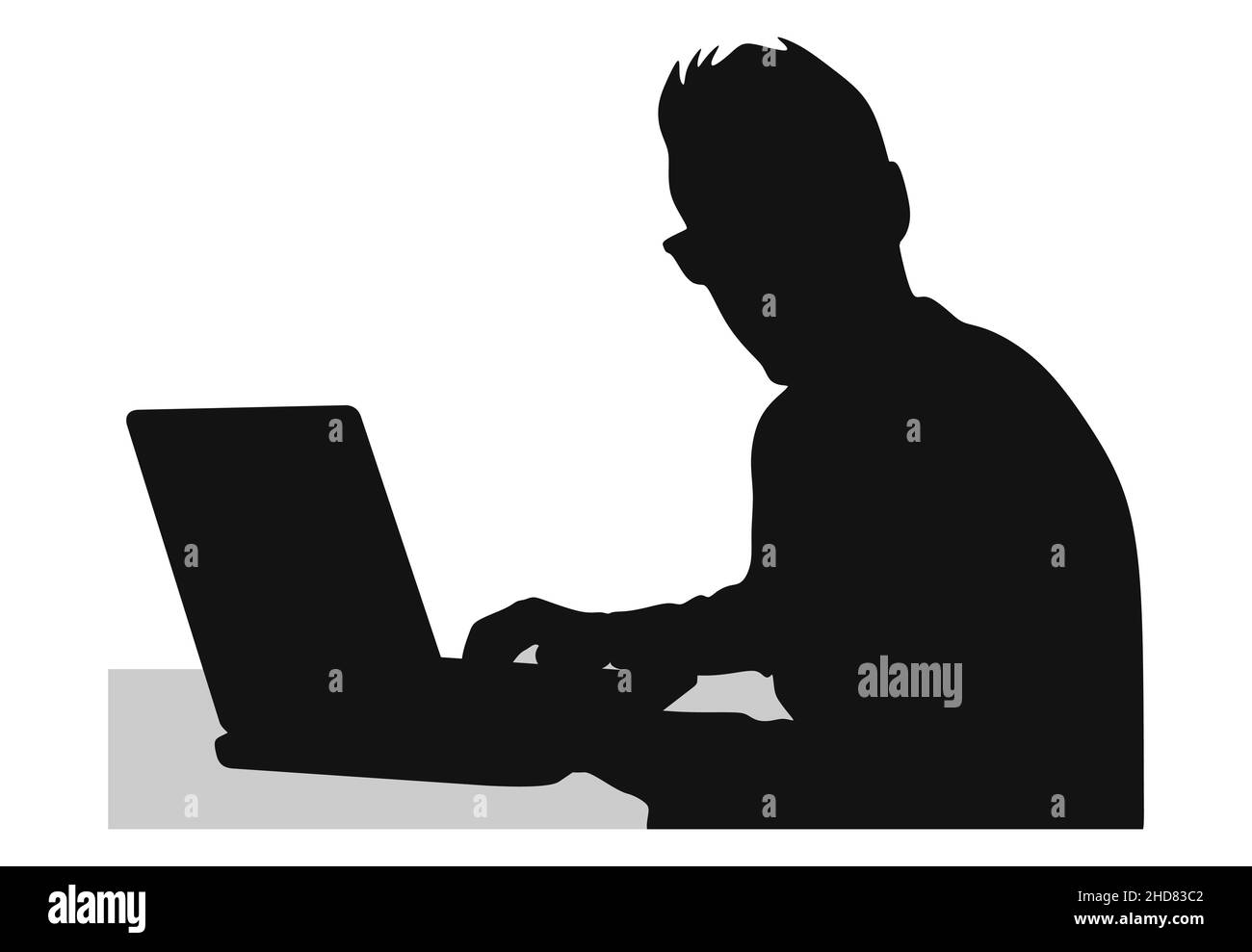 Eine Silhouette eines Mannes, der auf einem Bürostuhl sitzt und auf einem Laptop mit Bürotisch, Schreibtisch, Büroarbeit, Arbeit von zu Hause aus arbeitet Stock Vektor
