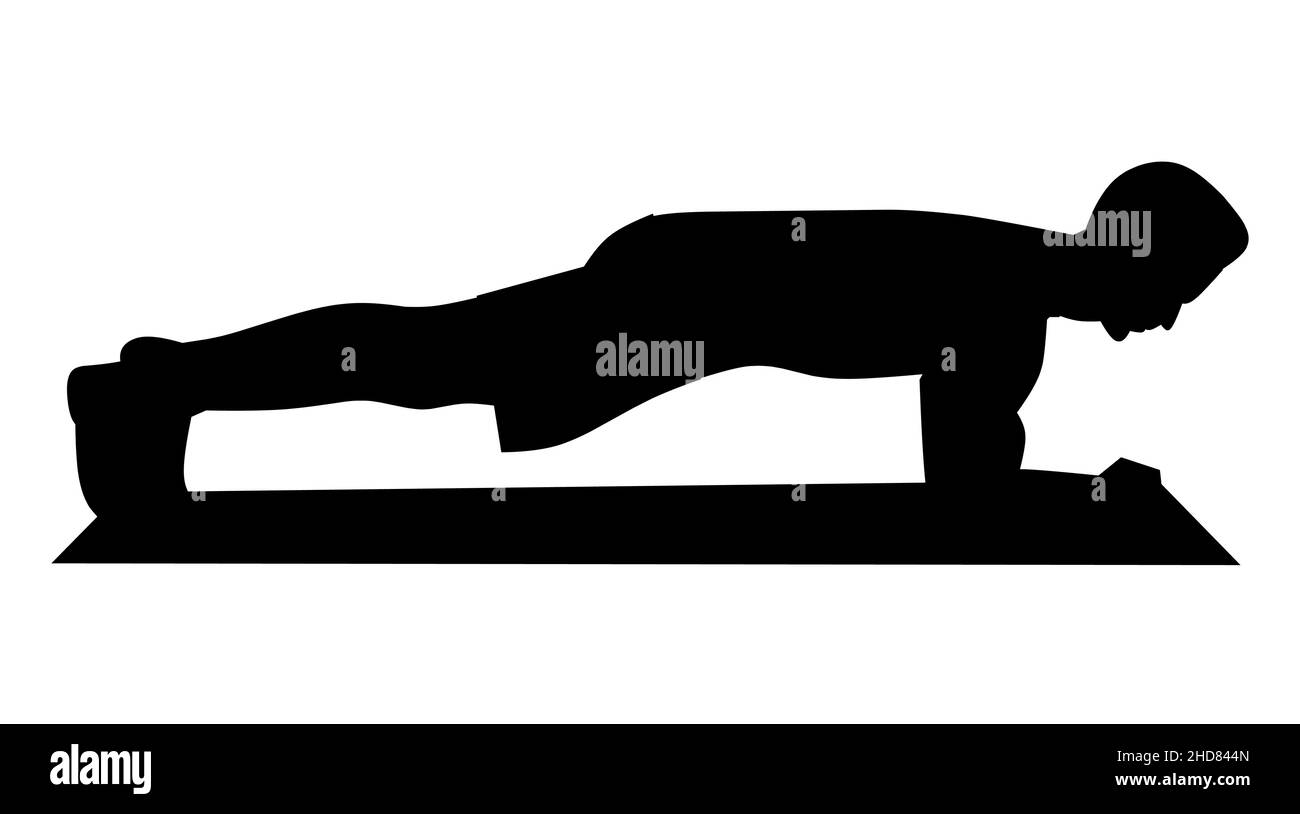 Schwarze Silhouette eines Mannes, der durch Plank-Training einen perfekten Körper macht, Jim-Training, Fitness für gute Gesundheit, Matte Stock Vektor