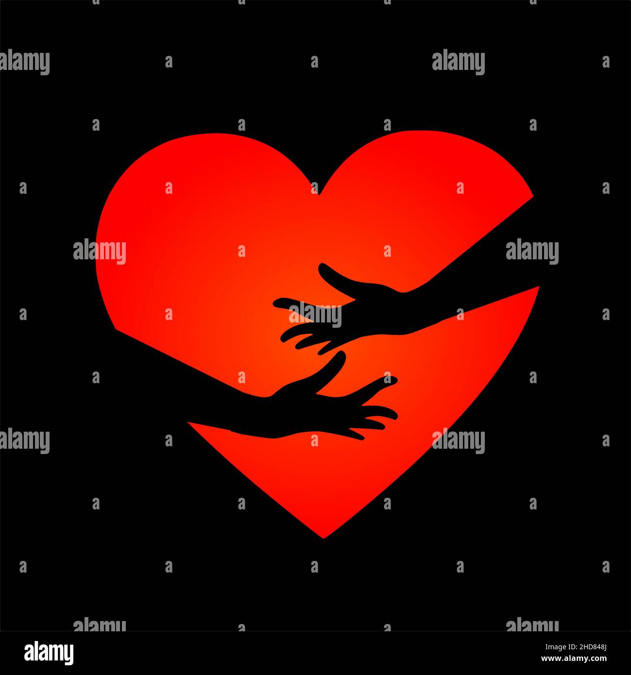 Rotes Herz mit Handumarmung. Vektorgrafik. Hände umarmen rote Herzform Stock Vektor