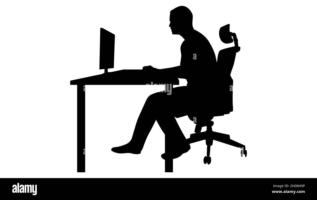 Silhouette eines Mannes, der auf einem Bürostuhl sitzt und an einem Computer mit Bürotisch, Schreibtisch, Büroarbeit, Arbeit von zu Hause aus arbeitet Stock Vektor