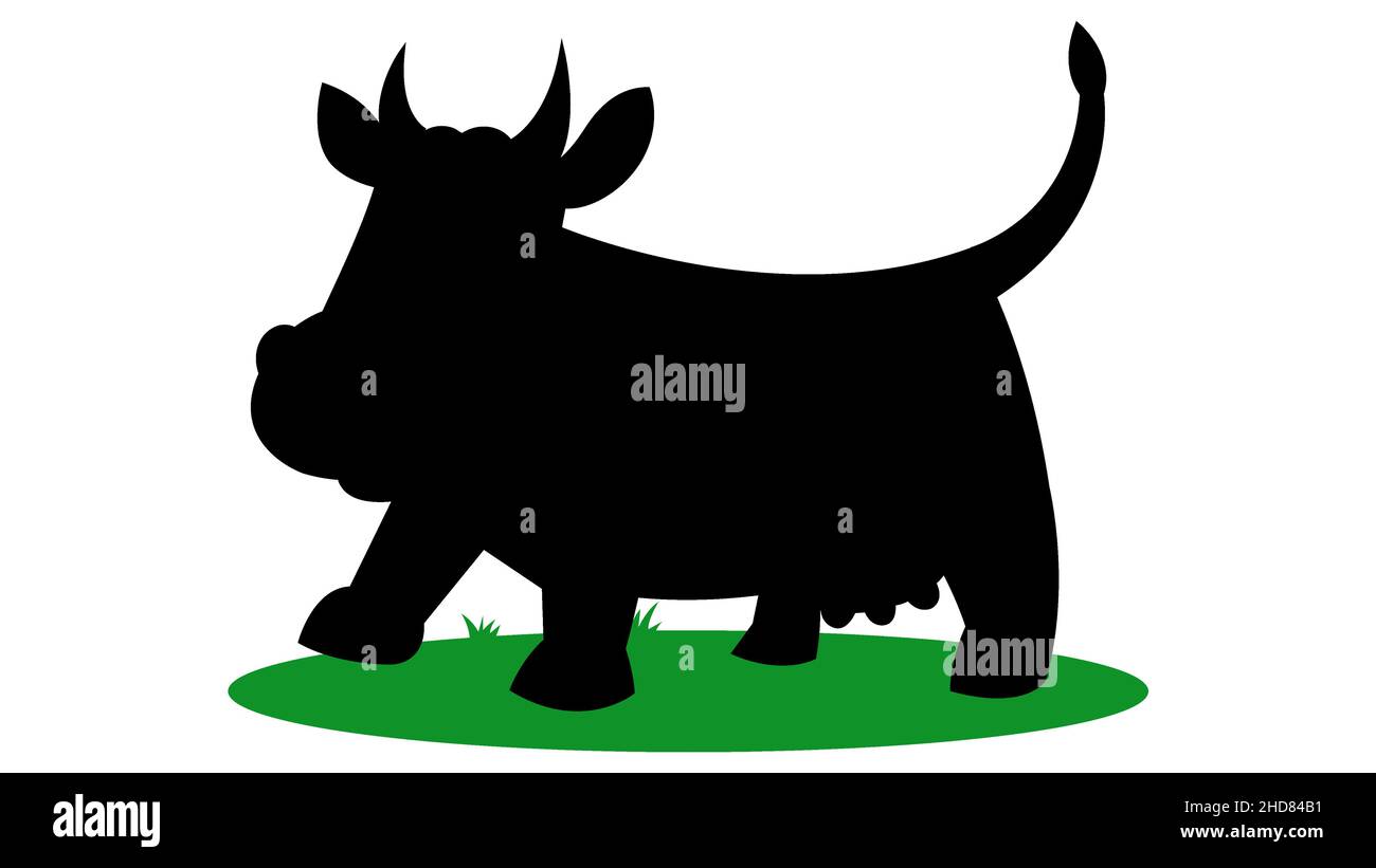 Vektor-Illustration einer schwarzen Silhouette Kuh. Isolierter weißer Hintergrund. Symbol für Seitenansicht der Kuh. Cartoon-Stil auf grünem Gras Stock Vektor