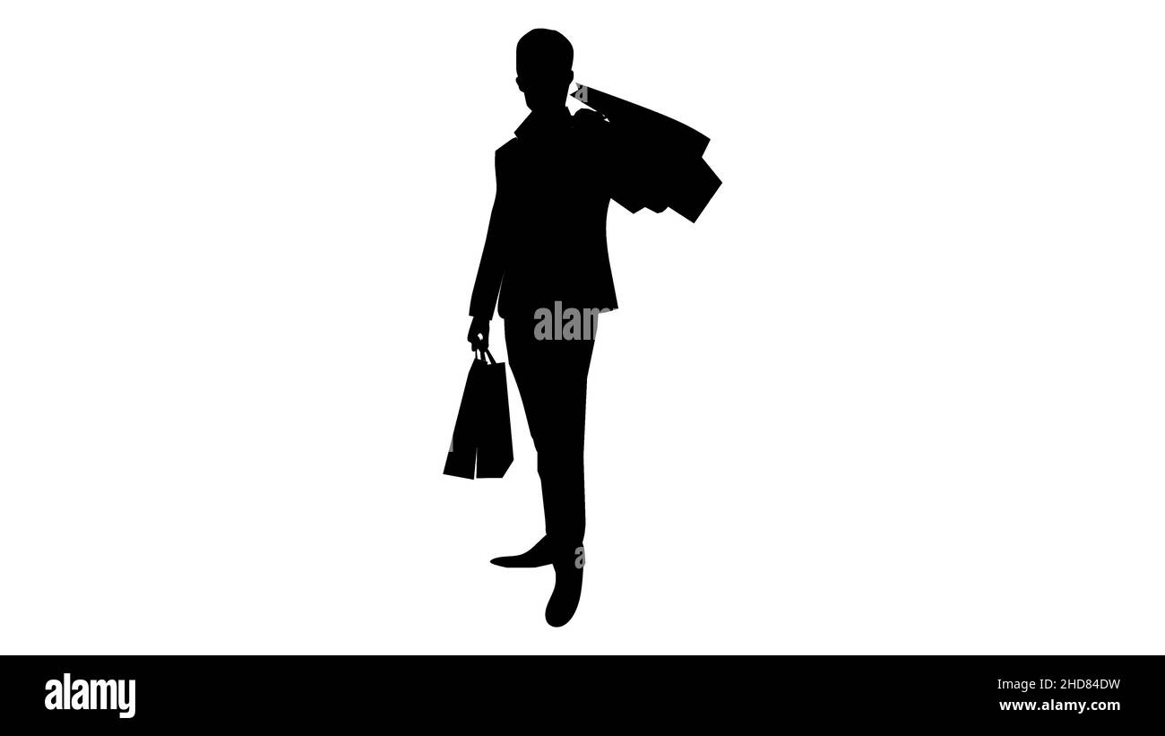 Schwarze Silhouette eines Mannes, der Einkaufstaschen nach einem riesigen Verkauf hält Stock Vektor