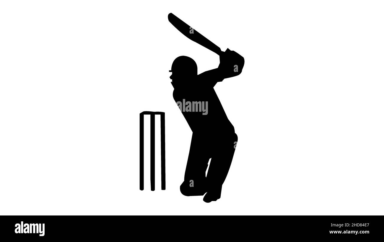 Schwarze Silhouette eines Schlagmanns, der Cricket spielt, Cricket-Spiel Stock Vektor
