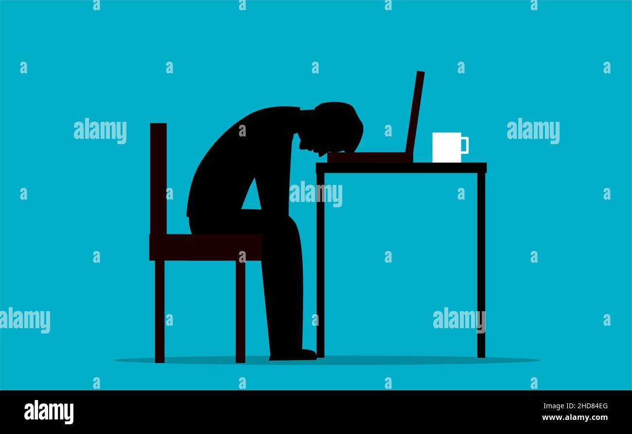 Der Mann ist es leid, am Laptop oder Computer zu arbeiten, von zu Hause aus zu arbeiten, ermüdend und überfordert Stock Vektor
