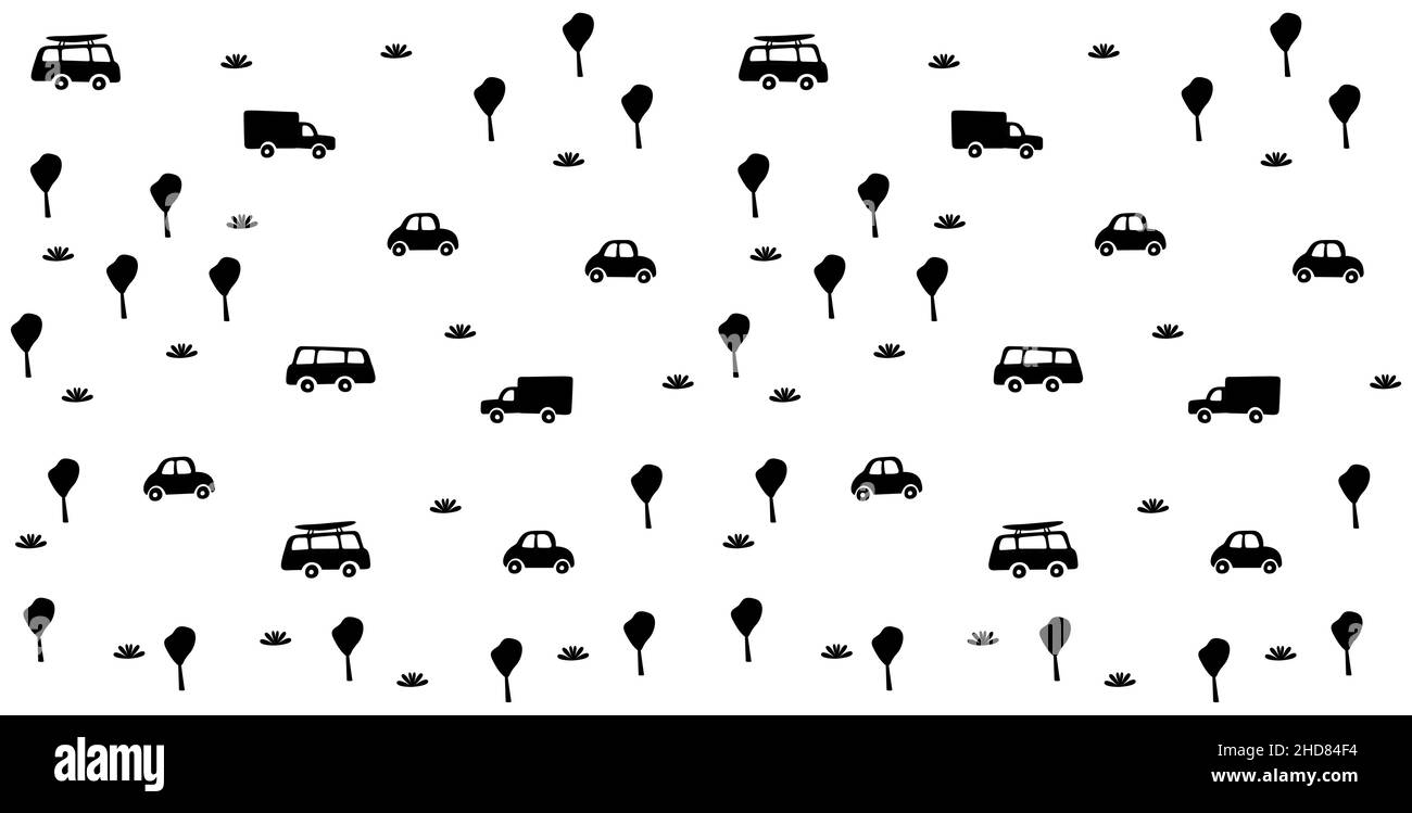 Illustration einer Stadt im Cartoon-Stil für Tapeten-, Stoff- und Textildesign. Vektor, Cute Kinder nahtlose Muster mit Autos, Straßen, Häuser Stock Vektor