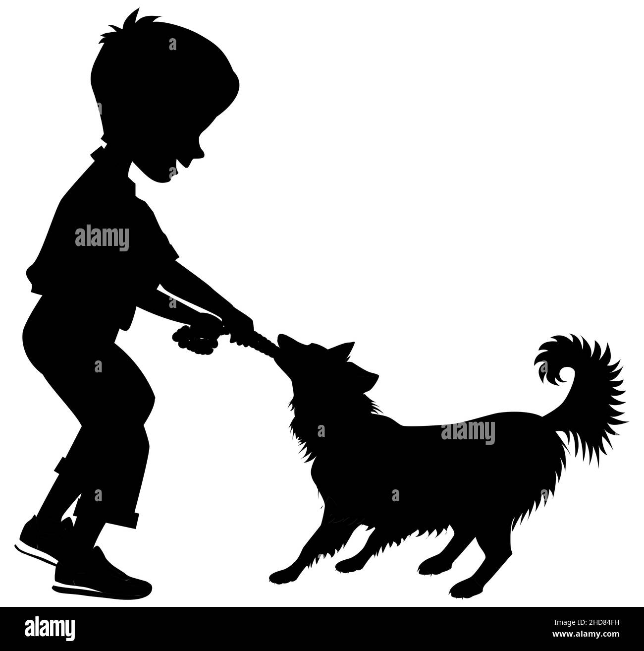 Vektor-Silhouette des Jungen auf weißem Hintergrund, Illustration eines kleinen Kindes, das Seil mit einem Hund spielt Stock Vektor