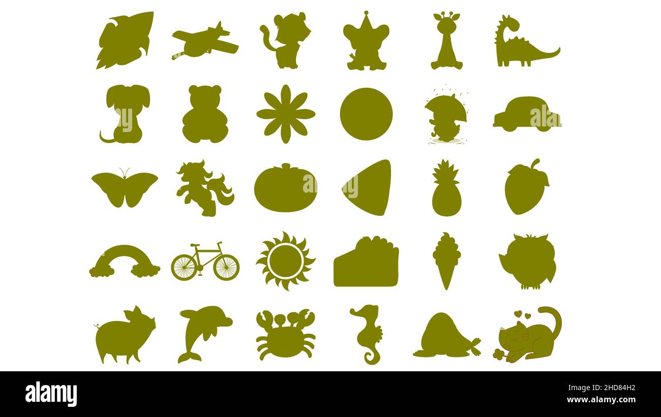 Set von Silhouetten von verschiedenen Symbolen und Logos von Tieren, und verschiedene Elemente isoliert auf weißem Hintergrund Stock Vektor