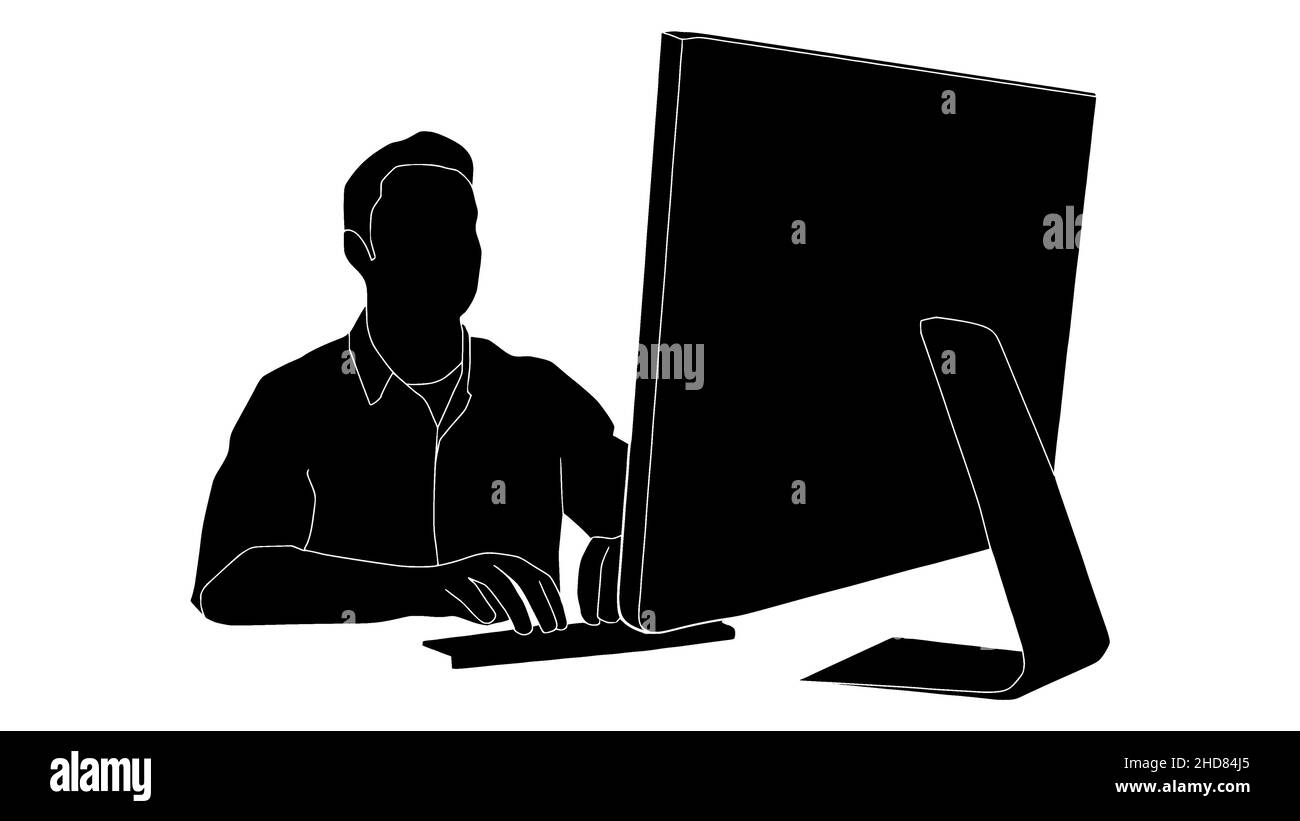 Eine Silhouette eines Mannes, der auf einem Bürostuhl sitzt und an einem Computer mit Bürotisch, Schreibtisch, Büroarbeit, Arbeit von zu Hause aus arbeitet Stock Vektor