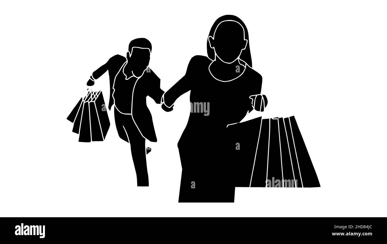Mann und Frau, die zum Einkaufen laufen, tragen Einkaufstaschen in schwarzen Händen Stock Vektor