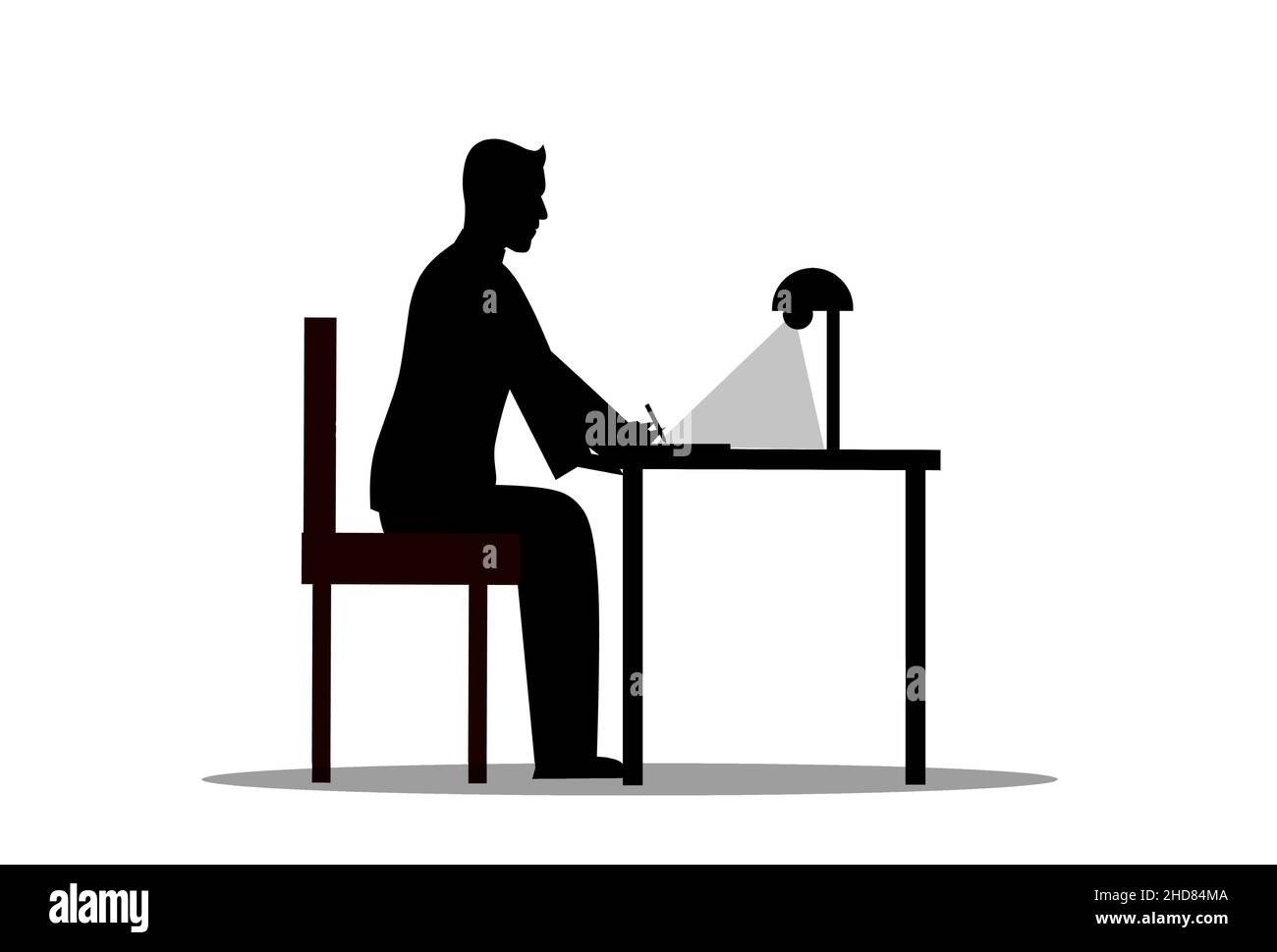 Silhouette eines Mannes, der auf einem Bürostuhl sitzt und an einem Computer mit Bürotisch, Schreibtisch, Büroarbeit, Arbeit von zu Hause aus arbeitet Stock Vektor
