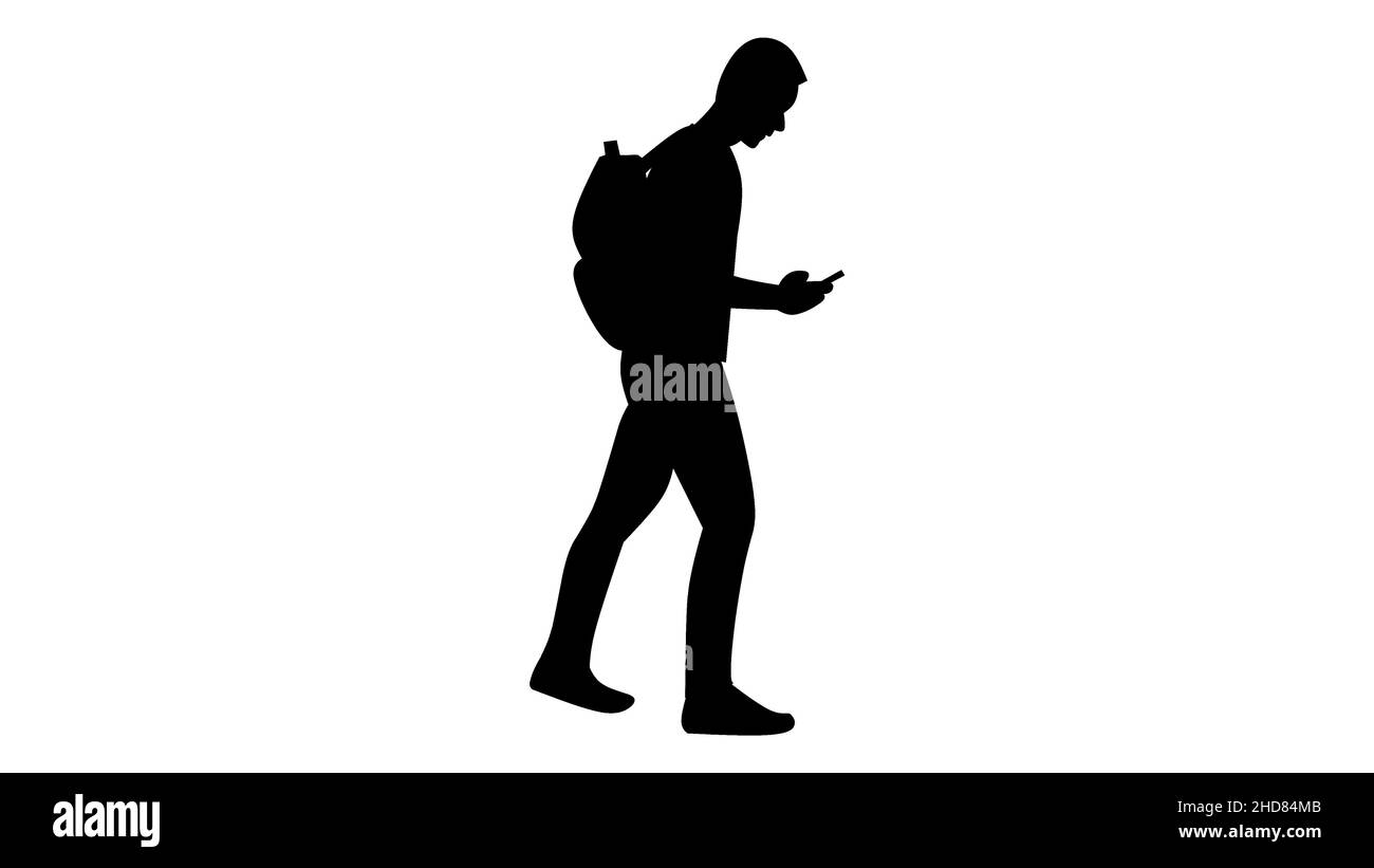 Black Silhouette Mann Blick auf Smartphone auf der Hand isoliert auf weißem Hintergrund Stock Vektor