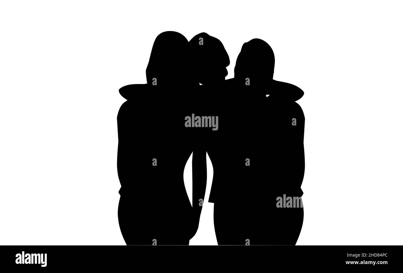 Schwarze Silhouetten von drei Freundinnen und besten Freundinnen, die sich miteinander amüsieren, sich umarmen und lachen Stock Vektor