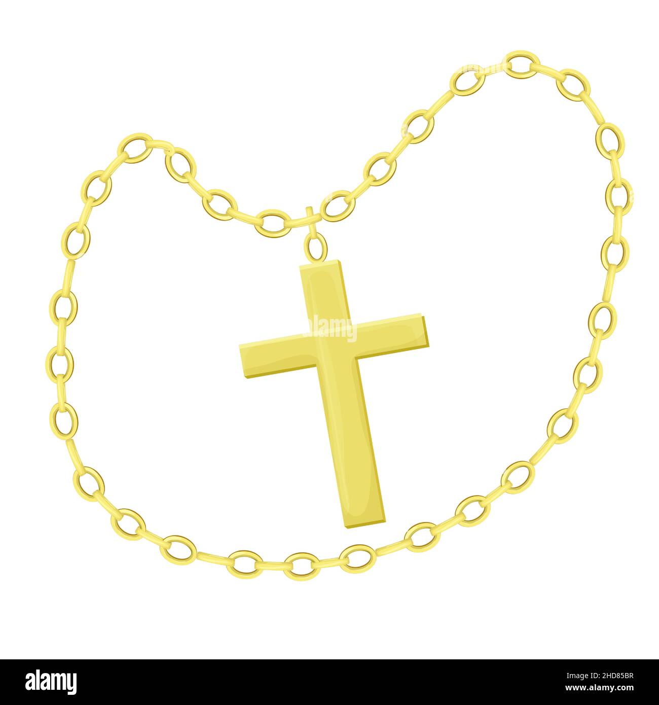 Goldenes Kreuz mit Kette im Cartoon-Stil isoliert auf weißem Hintergrund. Halskette religiösen Schmuck, hängende Accessoires. Vektorgrafik Stock Vektor