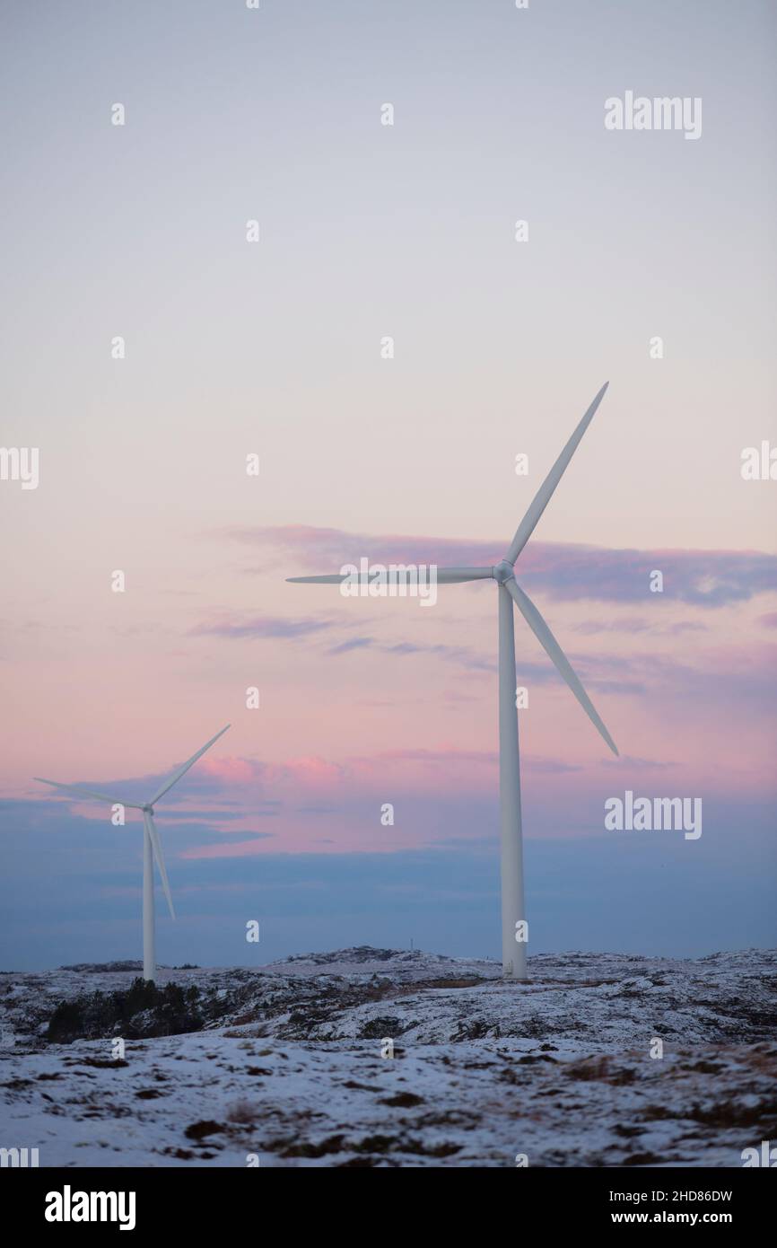 Windmühlen im Sonnenuntergang, Smøla, Norwegen Stockfoto