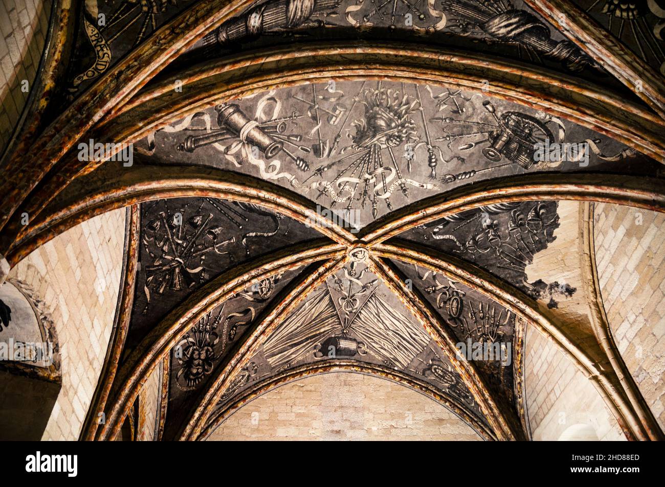 Gotische Rippengewölbedecke von Les Palais des Papes in Avignon, Frankreich. Stockfoto